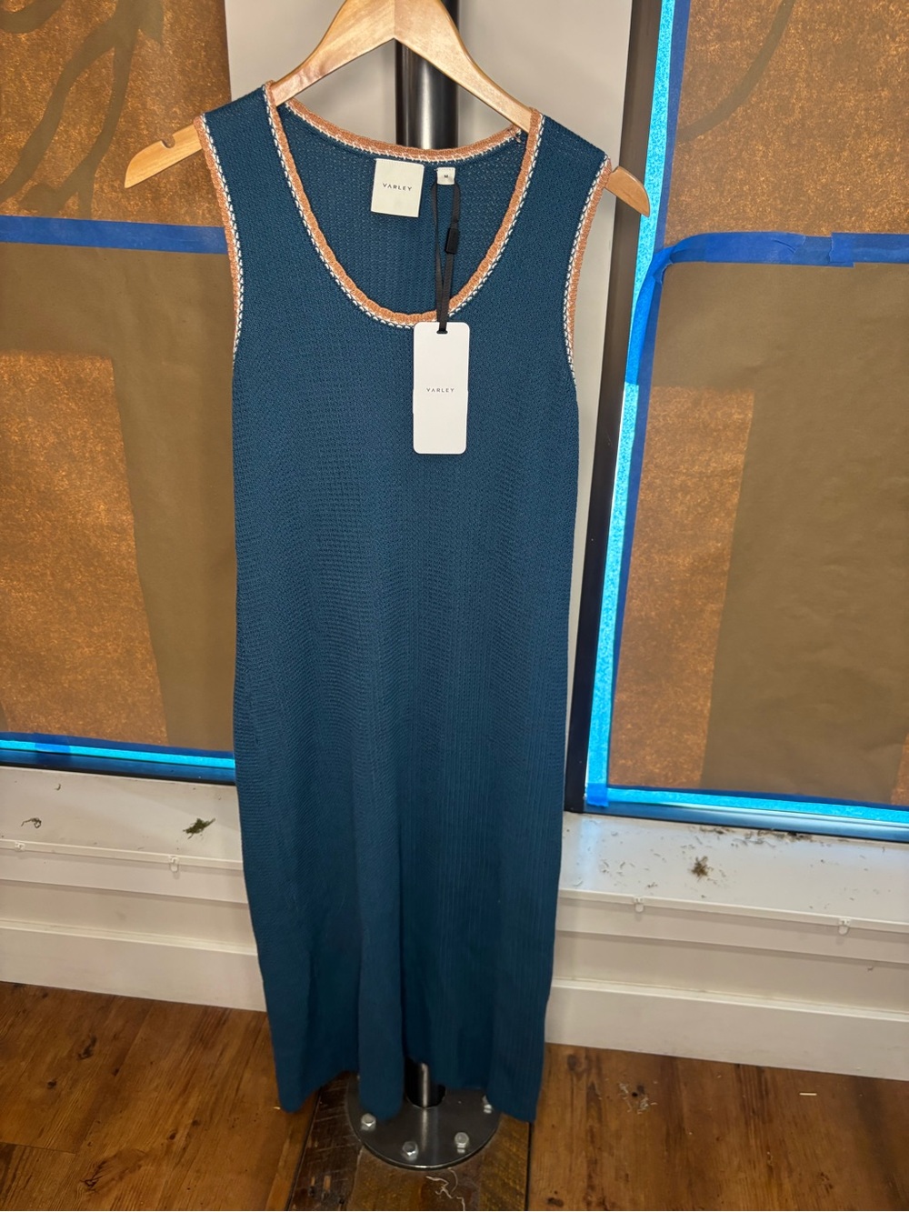 Varley Mikel Knit Dress Teal Sleeveless Knit Maxi Dress with Contrast Trim